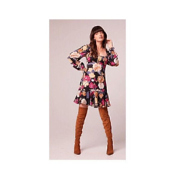 BAND OF THE FREE Dresses & Skirts - BAND OF THE FREE BLACK FLORAL LONG SLEEVE MINI BOHO DRESS, SQUARE NECK, SIZE LRG